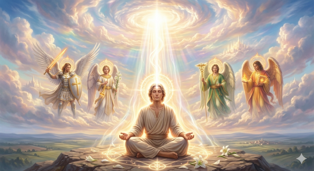 "Personne en méditation entourée des quatre archanges sous un faisceau de lumière céleste"